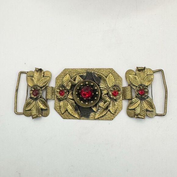 Art Nouveau Vintage Antique Bohemian Czech Garnet Red Glass Brass Sash Buckle - Picture 5 of 8